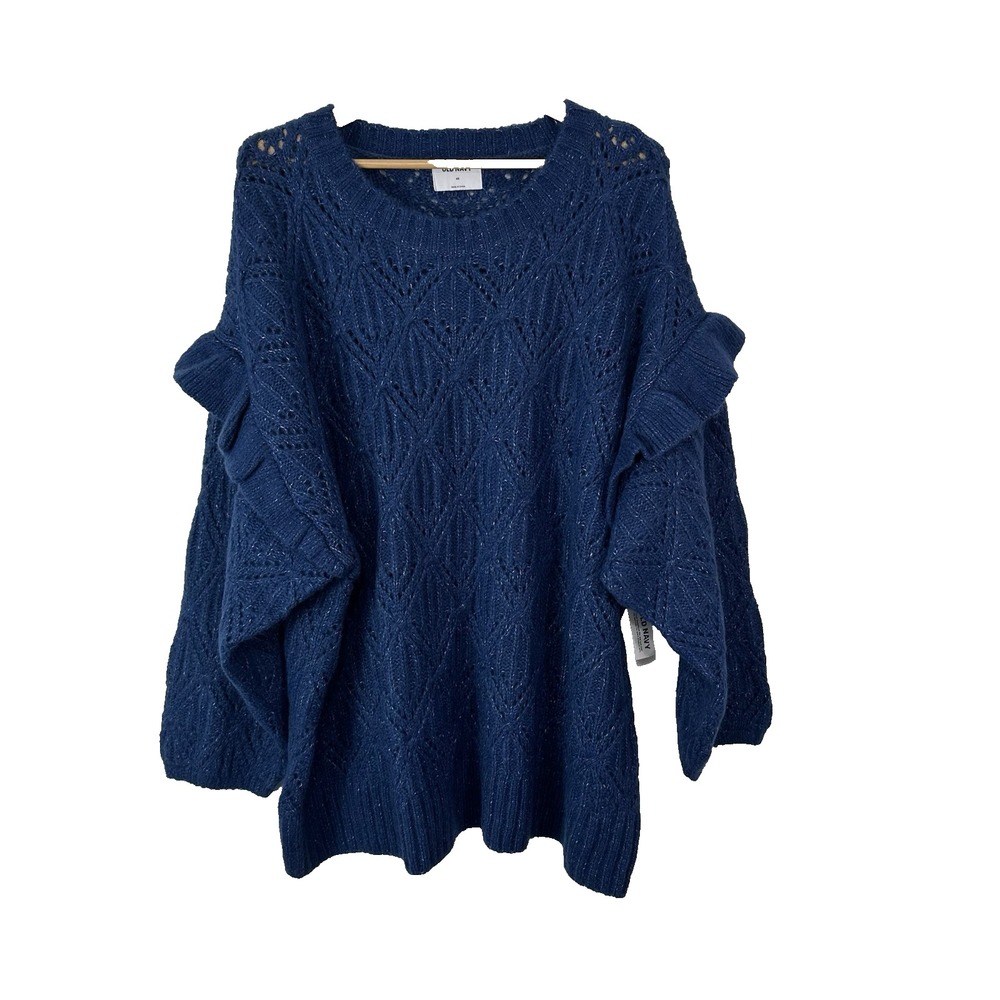 Old Navy Sweater 4X Navy Blue Wool Blend Ruffle Trim Open Knit Classic Cozy